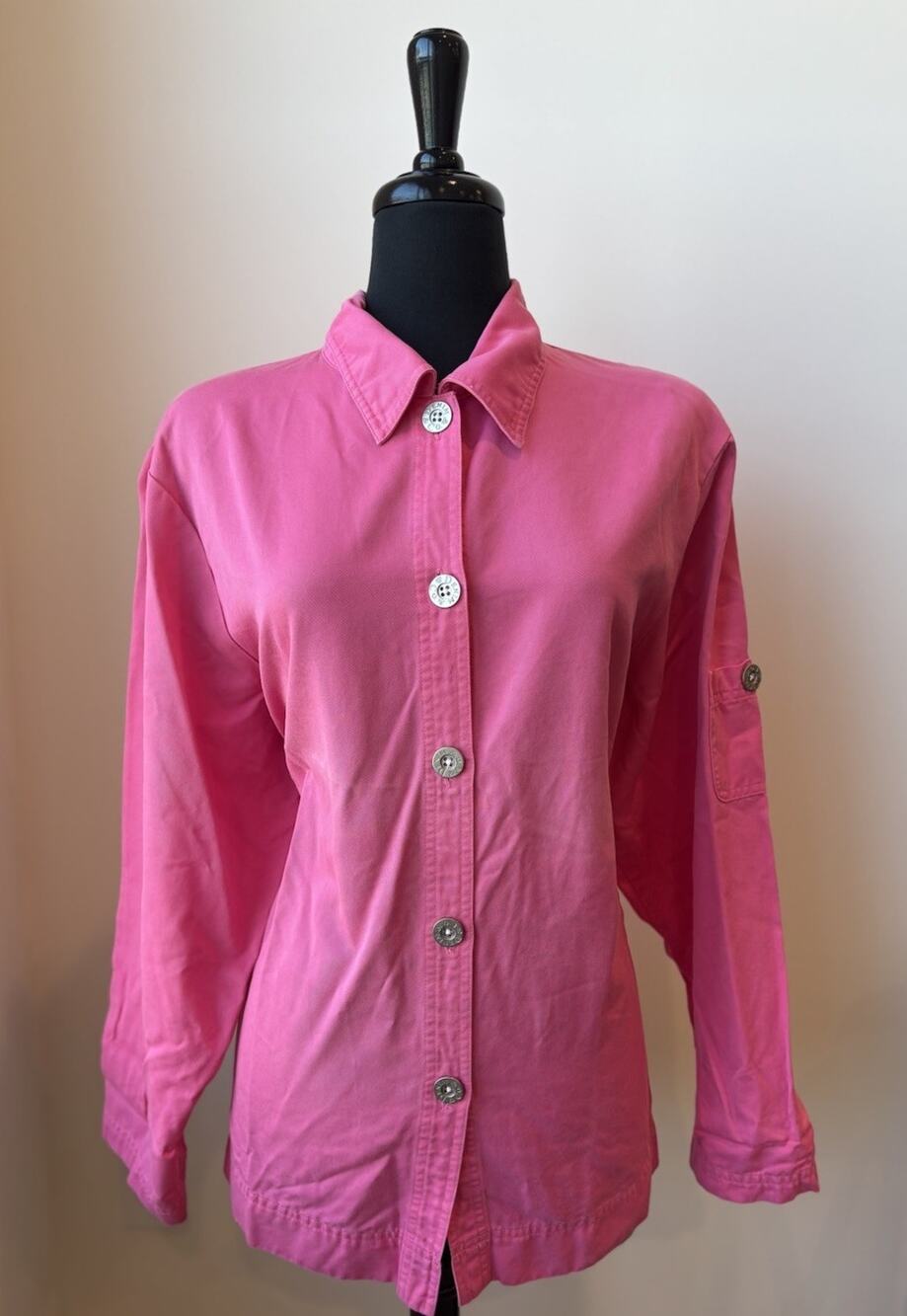 New Denim & Co. Hot Pink Button Up Denim Jacket Long Sleeve Women’s Size Large